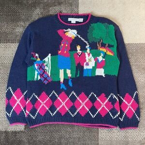 Heirlooms Vintage Handknit Golf Sweater Womens Large Navy Blue Argyle Novelty L